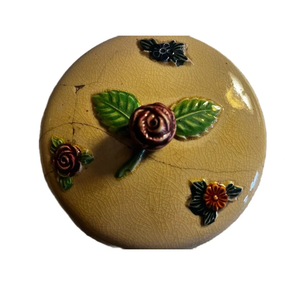 VINTAGE handpainted YELLOW BISCUIT JAR WITH RATTAN HANDLE